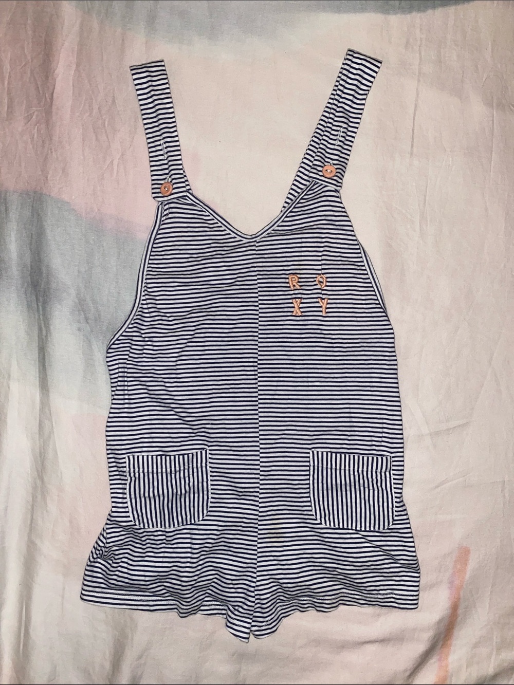 Roxy Striped Navy and White Romper with Front Pockets Girls Size 10 USED